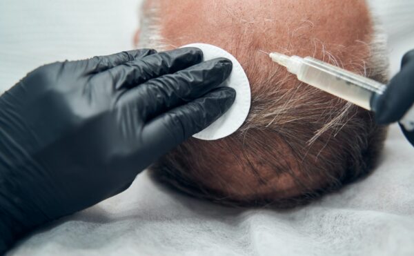 Man receiving injection for hair growth in cosmetology clinic