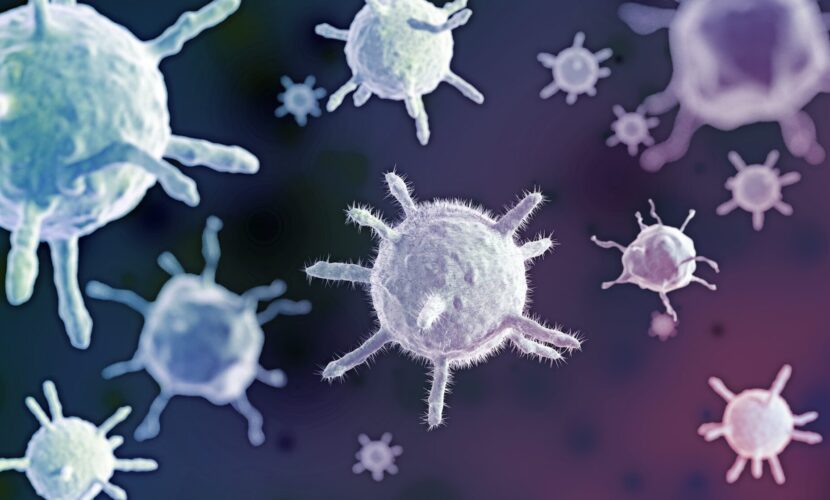 virus cells in dark purple background, 3D illustration